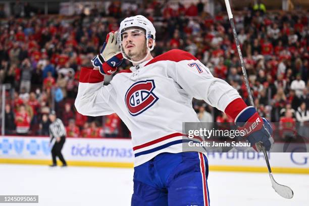 Kirby Dach of the Montreal Canadiens reacts to the boos from the crowd after scoring the game-winning shootout goal against the Chicago Blackhawks on...