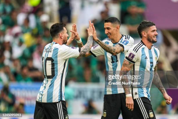 Lionel of Argentina team celebrate with teammate DI MARIA Angel after score first goal from penalty during the FIFA World Cup Qatar 2022 Group C...