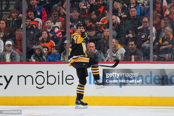 Ryan Poehling of the Pittsburgh Penguins reacts after scoring a goal against the Philadelphia Flyers in the second period at the Wells Fargo Center...