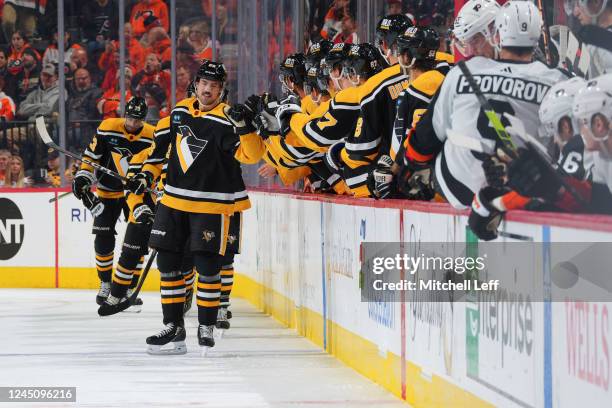 Ryan Poehling of the Pittsburgh Penguins celebrates with his bench after scoring a goal against the Philadelphia Flyers in the second period at the...