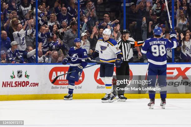 Brayden Point of the Tampa Bay Lightning celebrates a goal against the St Louis Blues during the first period at Amalie Arena on November 25, 2022 in...