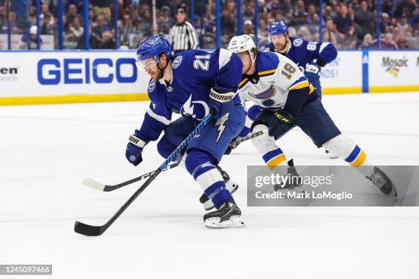 Brayden Point of the Tampa Bay Lightning skates against Robert Thomas of the St Louis Blues during the first period at Amalie Arena on November 25,...