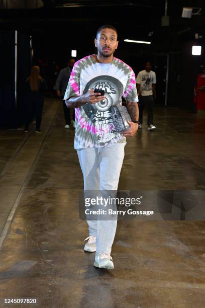 Rodney McGruder of the Detroit Pistons arrives to the arena before the game against the Phoenix Suns on November 25, 2022 at Footprint Center in...