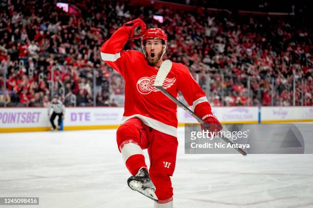 Jordan Oesterle of the Detroit Red Wings reacts after scoring a goal against the Arizona Coyotes during the second period at Little Caesars Arena on...