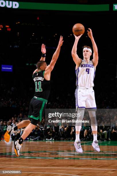 Kevin Huerter of the Sacramento Kings shoots the ball during the game against the Boston Celtics on November 25, 2022 at the TD Garden in Boston,...