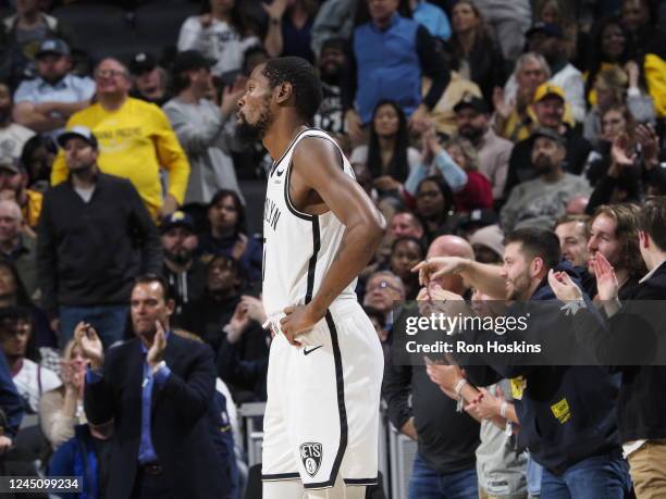 Kevin Durant of the Brooklyn Nets stands on the court during the game against the Indiana Pacers on November 25, 2022 at Gainbridge Fieldhouse in...