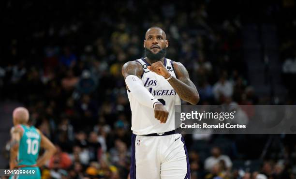 LeBron James of the Los Angeles Lakers reacts after a basket against the San Antonio Spurs in the second half at AT&T Center on November 25, 2022 in...