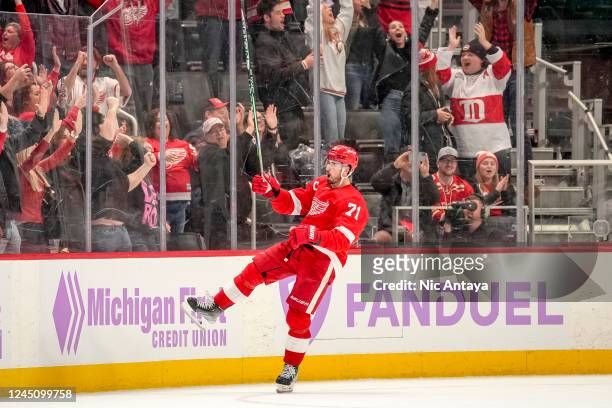 Dylan Larkin of the Detroit Red Wings reacts after scoring during the shootout and winning the game against the Arizona Coyotes at Little Caesars...