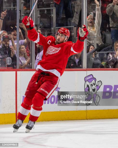 Dylan Larkin of the Detroit Red Wings celebrates after scoring a goal during the shootout of an NHL game against the Arizona Coyotes at Little...