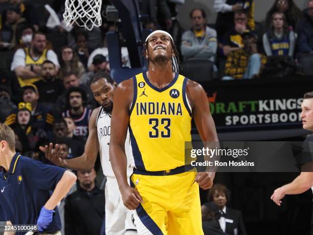 Myles Turner of the Indiana Pacers celebrates during the game against the Brooklyn Nets on November 25, 2022 at Gainbridge Fieldhouse in...