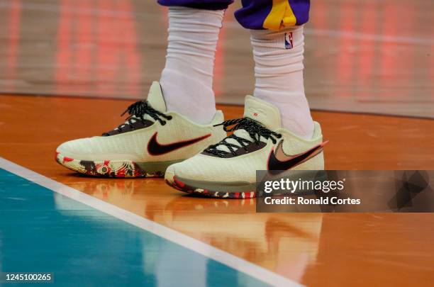 The shoes of LeBron James of the Los Angeles Lakers before the game against the San Antonio Spurs at AT&T Center on November 25, 2022 in San Antonio,...