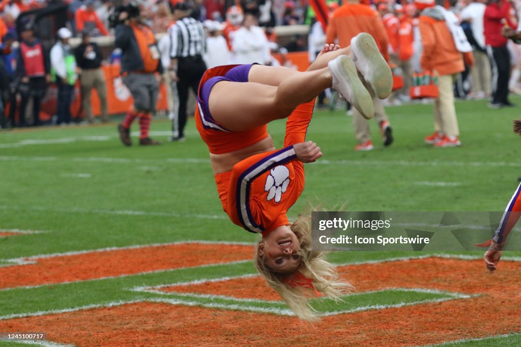 Gradel Clemson A Clemson cheer leader does a tumbling move after a touchdown during ...