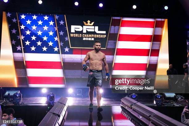 Jeremy Stephens walks to the cage before fighting against Natan Schulte during the 2022 PFL Championships at the Hulu Theater at Madison Square...