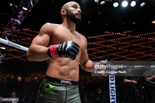 Marlon Moraes walks to the cage before fighting against Sheymon Moraes during the 2022 PFL Championships at the Hulu Theater at Madison Square Garden...