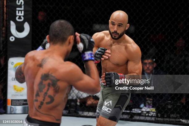 Marlon Moraes fights against Sheymon Moraes during the 2022 PFL Championships at the Hulu Theater at Madison Square Garden on November 25, 2022 in...