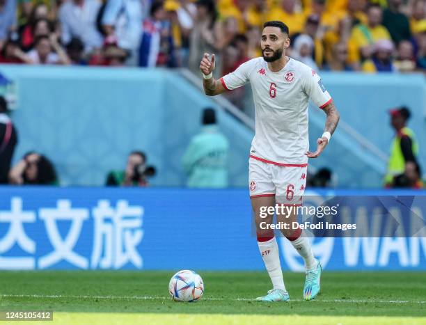 Dylan Bronn of Tunisia controls the ball during the FIFA World Cup Qatar 2022 Group D match between Tunisia and Australia at Al Janoub Stadium on...