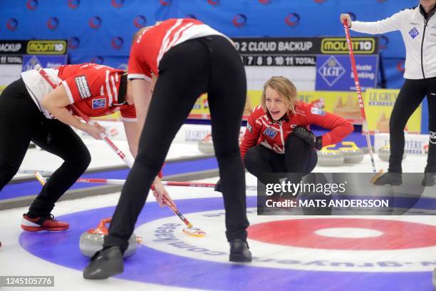 Denmark's skipper Madeleine Dupont reacts during the women's gold medal match between Denmark and Switzerland at the European Curling Championships...