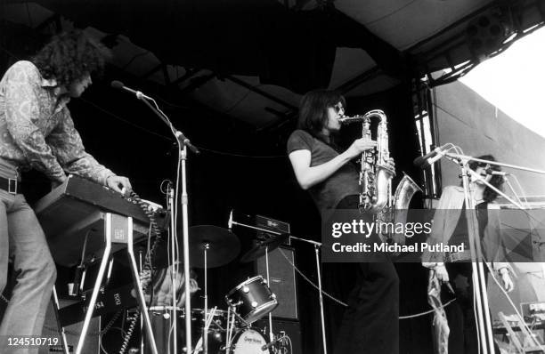Van Der Graaf Generator perform on stage at a rock festival, UK L-R Hugh Banton, David Jackson, Peter Hammill.
