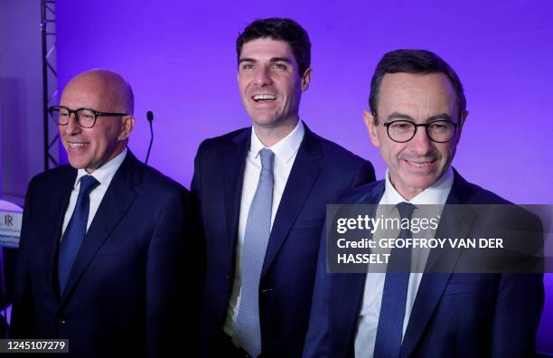 French MP Eric Ciotti, French MP and secretary general of the LR party Aurelien Pradie and the president of Les Republicains group in the French...