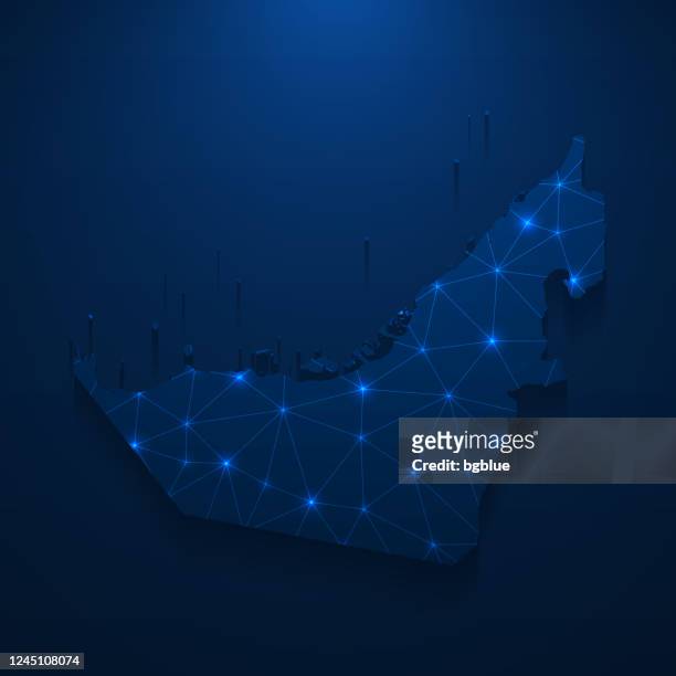 ilustraciones, imágenes clip art, dibujos animados e iconos de stock de red de mapas de los emiratos arabes unidos - malla brillante sobre fondo azul oscuro - map of the uae
