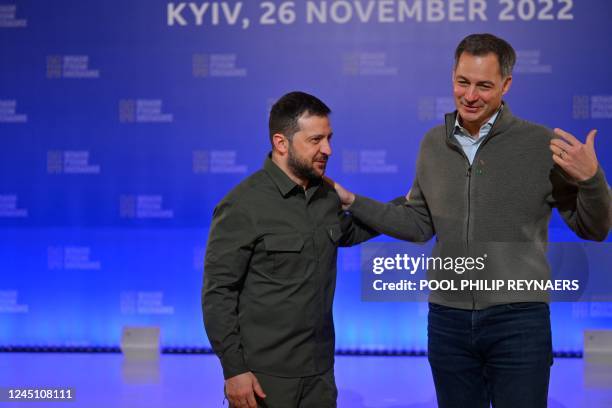 Ukrainian president Volodymyr Zelensky and Prime Minister Alexander De Croo pictured at the lanch of the 'Grain from Ukraine' humanitarian programme,...