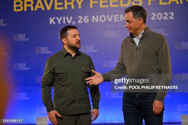 Ukrainian president Volodymyr Zelensky and Prime Minister Alexander De Croo pictured at the launch of the 'Grain from Ukraine' humanitarian...