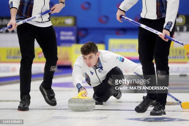 Scotland's Grant Hardie competes during the men's gold medal match between Scotland and Switzerland at the European Curling Championships held at...