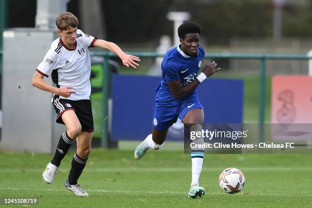 Tudor Mendel Idowu of Chelsea during the Chelsea U18 v Fulham FC U18 Premier League match at Chelsea Training Ground on November 26, 2022 in Cobham,...