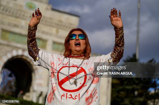 Woman wears a T-shirt bearing the word "Execution" in Persian, as she takes part in a rally in support of Iranian women in Istanbul, on November 26,...