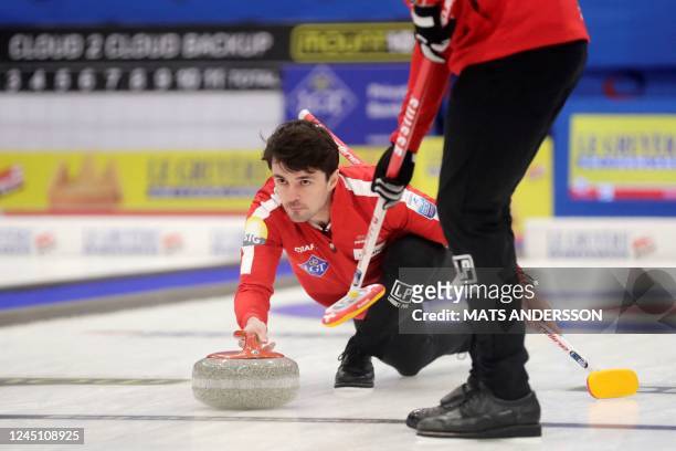 Switzerland's Benoit Schwarz competes during the men's gold medal match between Scotland and Switzerland at the European Curling Championships held...