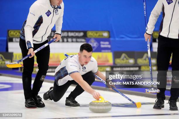 Scotland's Hammy McMillan competes during the men's gold medal match between Scotland and Switzerland at the European Curling Championships held at...