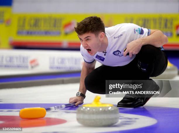 Scotland's Grant Hardie reacts as he competes during the men's gold medal match between Scotland and Switzerland at the European Curling...