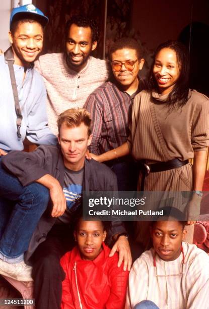 Sting, portrait with Branford Marsalis and band, during his first solo tour rehearsals, New York, February 1985.