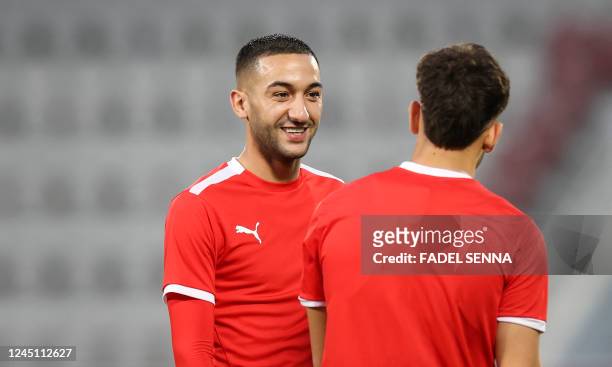 Morocco's midfielder Hakim Ziyech takes part in a training session at Al Duhail SC in Doha on November 26 on the eve of the Qatar 2022 World Cup...