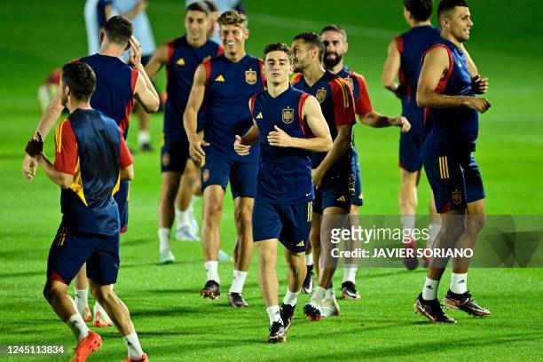 Spain's midfielder Gavi takes part in a training session at the Qatar University in Doha on November 26 on the eve of the Qatar 2022 World Cup...