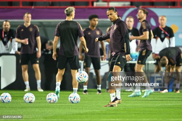 Germany's forward Leroy Sane takes part in a training session at the Al Shamal Stadium in Al Shamal, north of Doha on November 26 on the eve of the...