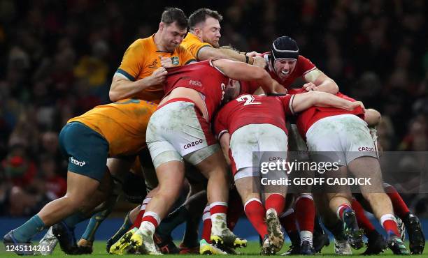 Wales' lock Adam Beard controls the ruck during the Autumn Nations Series International rugby union match between Wales and Australia at the...