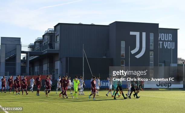 The teams lead out to the pitch ahead of the Juventus U17 and Torino U17 match at Juventus Center Vinovo on November 26, 2022 in Vinovo, Italy.