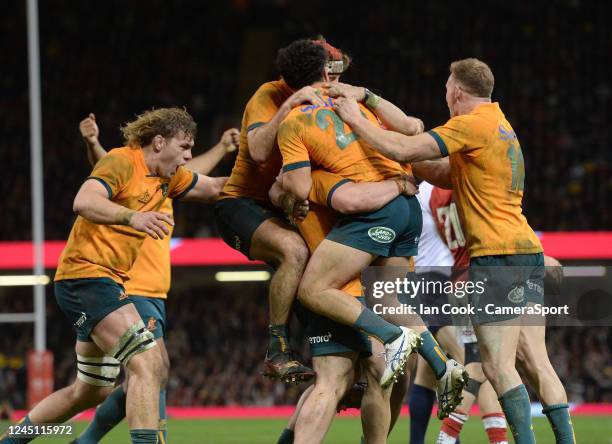 Australia celebrate at the final whistle during the Autumn International match between Wales and Australia at Principality Stadium on November 26,...