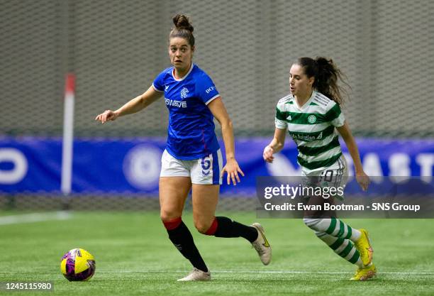 Rangers' Tessel Middag and Celtic's Clarissa Larisey in action during a Scottish Women's Premier League match between Rangers and Celtic at Broadwood...