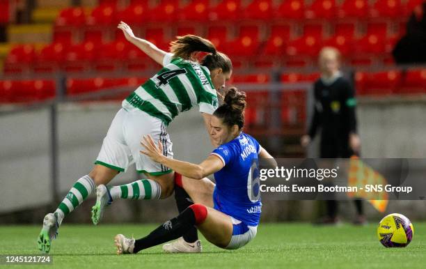 Celtic's Lisa Robertson and Rangers' Tessel Middag clash during a Scottish Women's Premier League match between Rangers and Celtic at Broadwood...