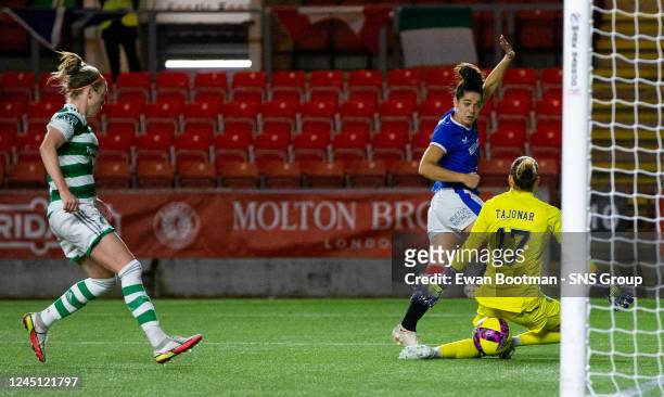 Celtic's Pamela Tajonar saves Rangers' Tessel Middag's attempt at goal during a Scottish Women's Premier League match between Rangers and Celtic at...