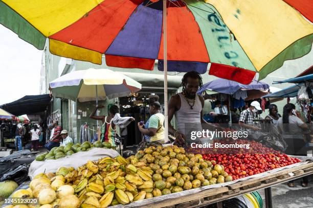 Produce vendor stall in Georgetown, Guyana, on Monday, Nov. 21, 2022. Since the first oil was drilled three years ago, Guyana's economy has become...