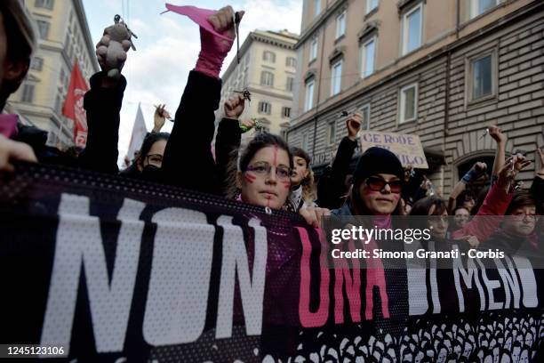 Women show house keys during the National demonstration against male violence against women and gender organized by the transfeminist movement Non...