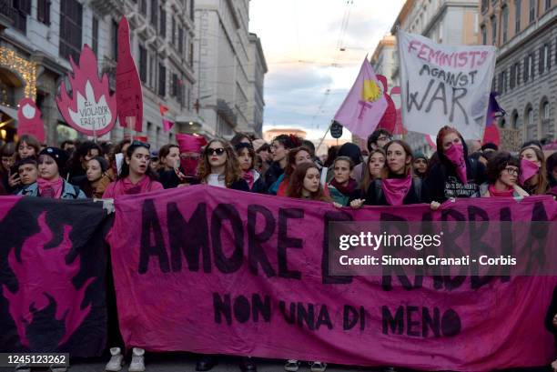 Women participate in the National demonstration against male violence against women and gender organized by the transfeminist movement Non Una di...