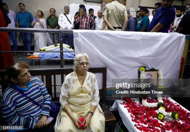 Vikram Gokhales wife Vrushali during last rites of actor Vikram Gokhale at Balgandharva, on November 26, 2022 in Pune, India. Veteran film,...