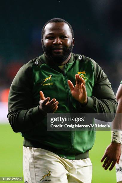 Ox Nche of South Africa acknowledges the fans after the Autumn International match between England and South Africa at Twickenham Stadium on November...