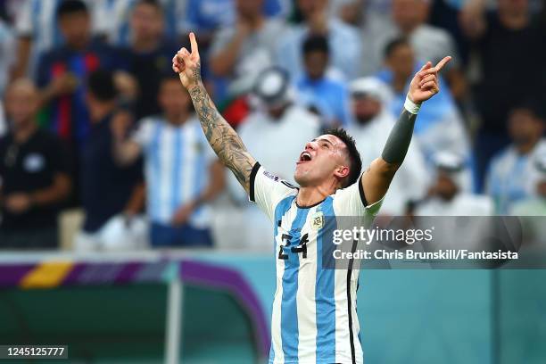 Enzo Fernandez of Argentina celebrates scoring the second goal during the FIFA World Cup Qatar 2022 Group C match between Argentina and Mexico at...