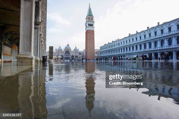 Floodwater in St. Marks Square in Venice, Italy, on Saturday, Nov. 26, 2022. The frequency of flooding, known as acqua alta, has been increasing...