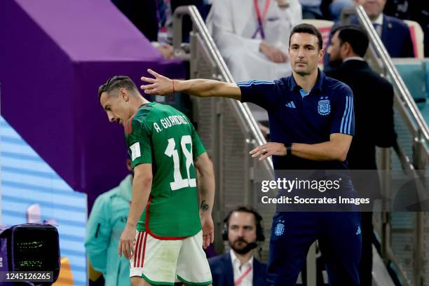 Andres Guardado of Mexico, Coach Lionel Scaloni of Argentina during the World Cup match between Argentina v Mexico at the Lusail Stadium on November...